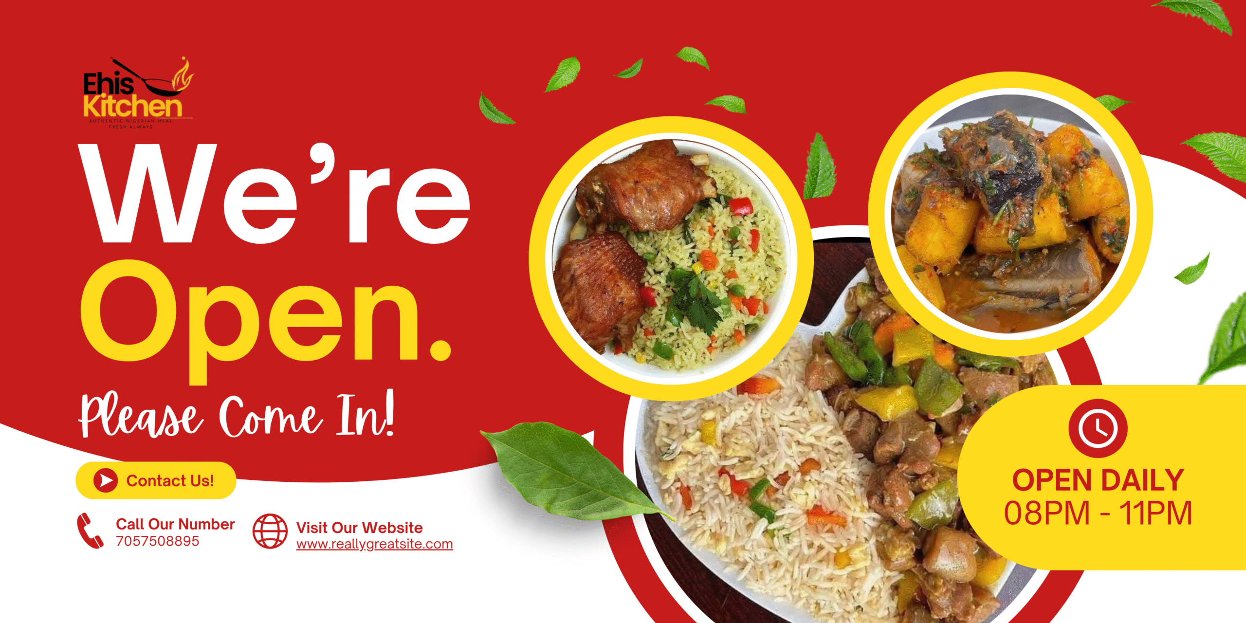 Red and Yellow Modern We're Open Restaurant Banner